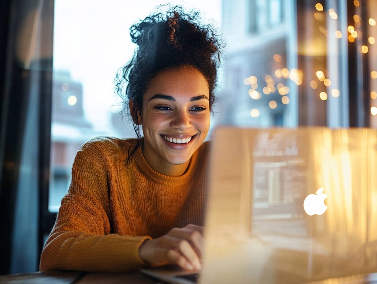 A smiling woman working on a laptop in a cozy environment with warm lights and a blurred wintery background, wearing an orange sweater and looking focused and happy.