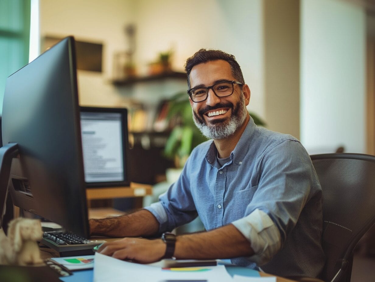 A cheerful man wearing glasses and a blue shirt, sitting at a desk in an office, smiling warmly at the camera while working on a computer. The background features a modern, well-lit workspace with plants and shelves.
